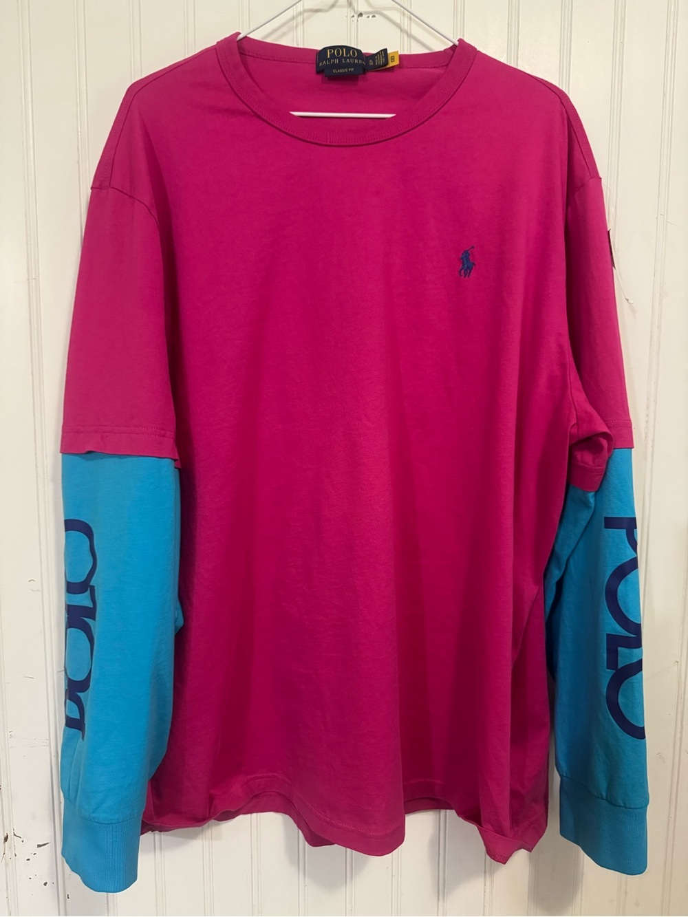 Polo by Ralph Lauren Men's Pink Layered look Long-Sleeve Shirt with Blue Sleeves